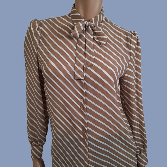 Vintage 80s Bow Tie Blouse Secretary Sheer Button Up Beige White Striped S - Picture 1 of 10